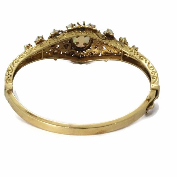 Natural Opal 14kYellow Gold Floral Bangle Bracelet - Picture 3 of 5